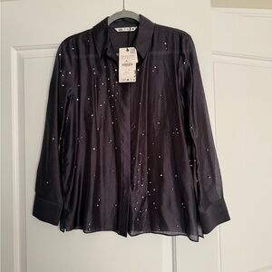 Zara Black Embellished Button-Up Blouse